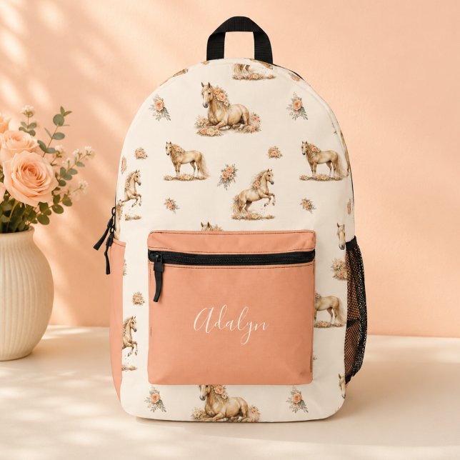 Mädchen Pfirsich Rose Pferd Script-Schriftzug Mono Bedruckter Rucksack (Von Creator hochgeladen)