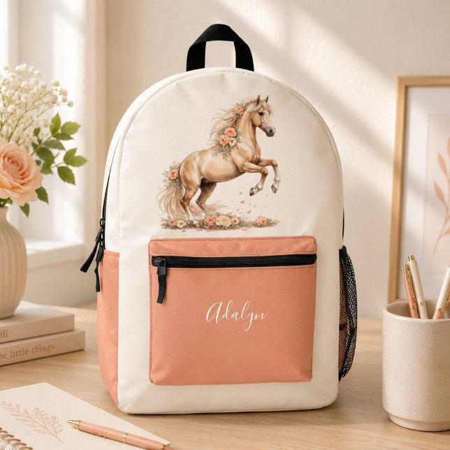 Mädchen Pfirsich Rose Pferd Skript Monogramm Bedruckter Rucksack (Von Creator hochgeladen)