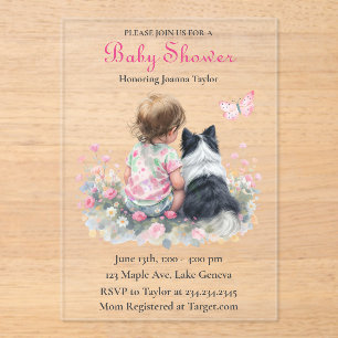 Mädchen-Pink-Baby-Shower-Hund-Thema Acryleinladungen