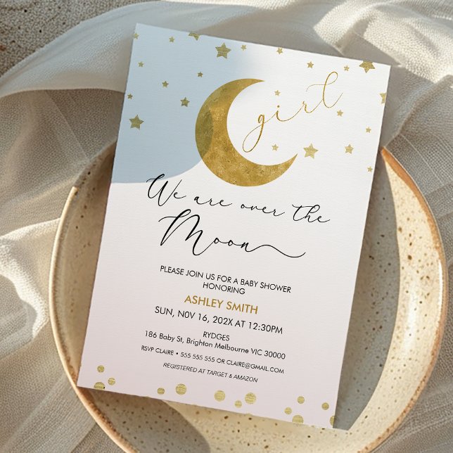 Mädchen Pink Gold Wir sind über dem Mond Baby Dusc Einladung (Girls We are Over the Moon Baby Shower Invitation Blue Gold Moon Themed Baby Shower Girl, Moon Stars)