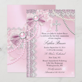 Mädchen Pink Pearl Bow Kreuz Heilige Kommune Einladung
