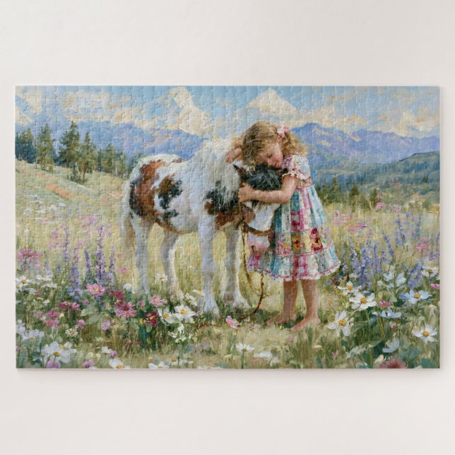 Mädchen Pony Berge Wiese Blumen Malerei Puzzle (Horizontal)