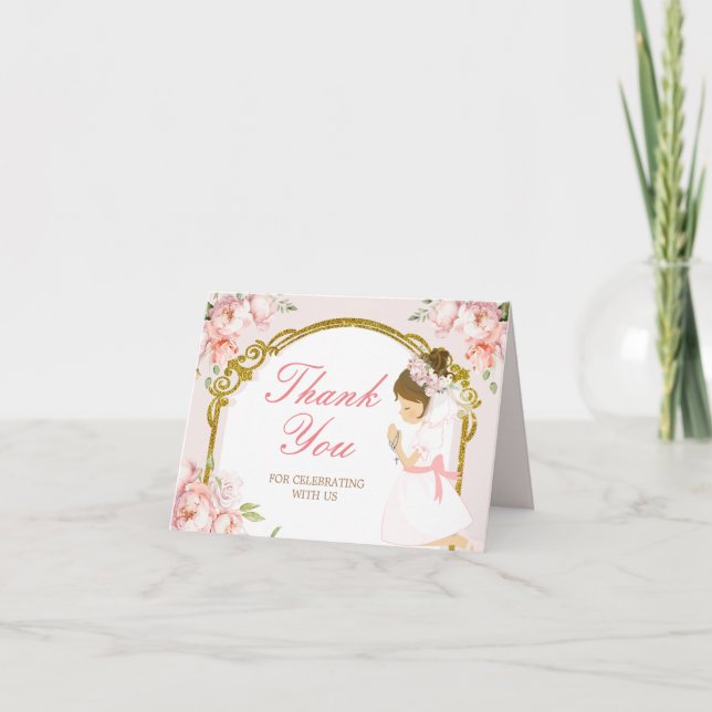 Mädchen Praying Gold Erste heilige Kommunion geflo Dankeskarte (Vorderseite)