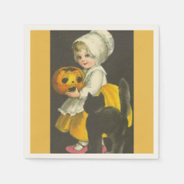 Mädchen, Pumpkin, Katze Vintage Halloween Papier N Serviette