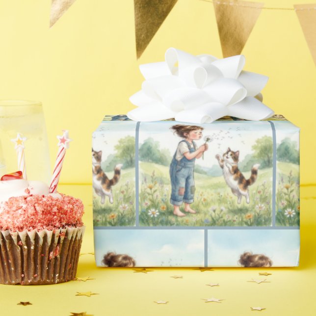 Mädchen pustet Löwenzahnsämlinge mit Katze Geschenkpapier (Geburtstagsparty)