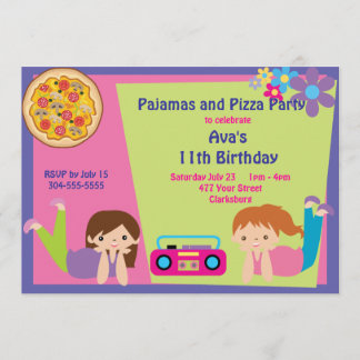 Mädchen Pyjama u. Pizza-Party Einladung