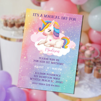 Mädchen Rainbow Colors Unicorn Geburtstagseinladun Einladung