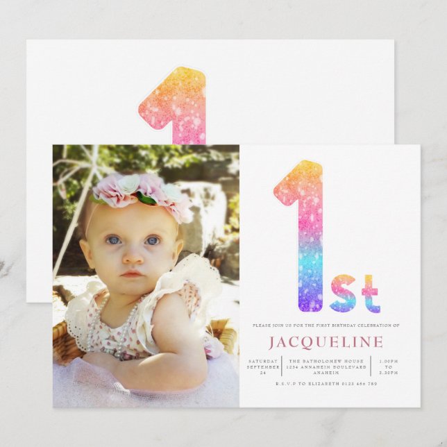 Mädchen Regenbogen 1. Geburtstag Foto Einladung (Vorne/Hinten)
