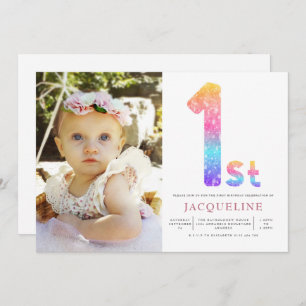 Mädchen Regenbogen 1. Geburtstag Foto Einladung