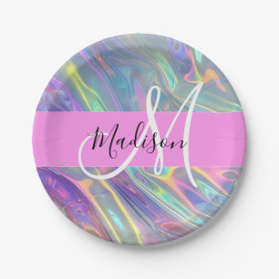 Mädchen Regenbogen Holografisches Irisierendes Mon Pappteller