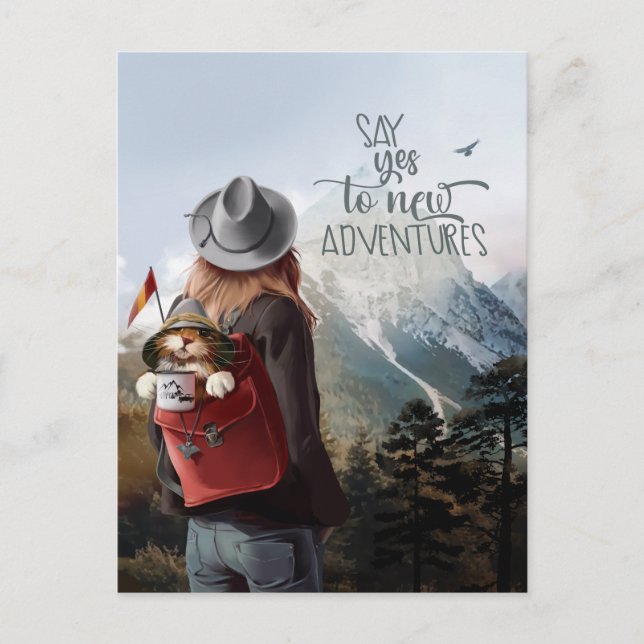 Mädchen reist mit einer Katze im Rucksack Postkarte (Vorderseite)