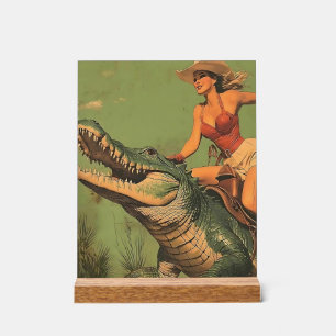 Mädchen reitet Alligator Acrylschild
