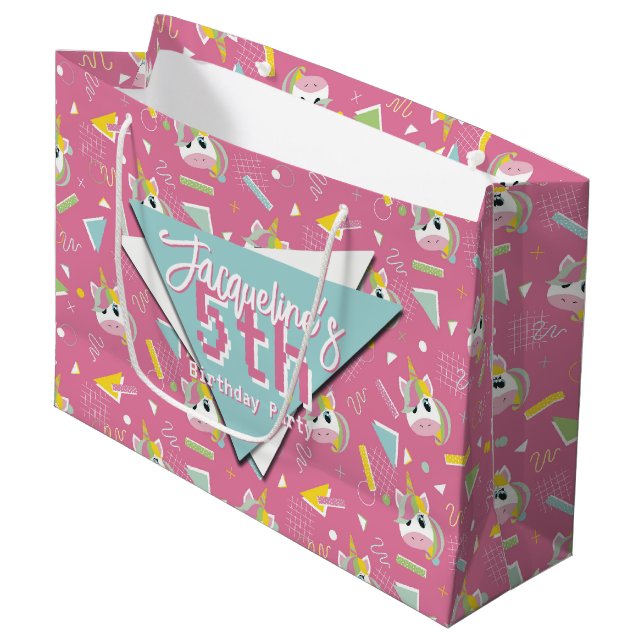 Mädchen Retro Rosa Einhorn Geburtstag Große Geschenktüte (Vorderseite Schrägansicht)