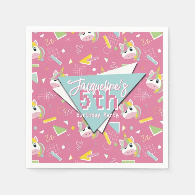 Mädchen Retro Rosa Einhorn Geburtstag Serviette (Vorderseite)