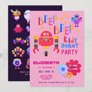 Mädchen ROBOT PARTY Rosa Geburtstag Cartoon Niedli Einladung