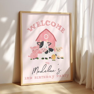 Mädchen Rosa Bauernhof-Tier-Kinder-Geburtstags-Wil Poster