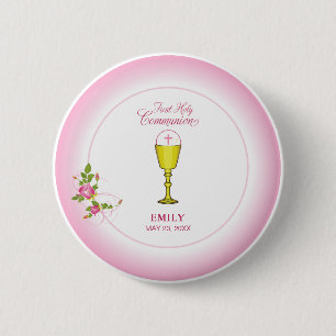 Mädchen Rosa Erstkommunion, Kelch, Hostie, Rosen Button
