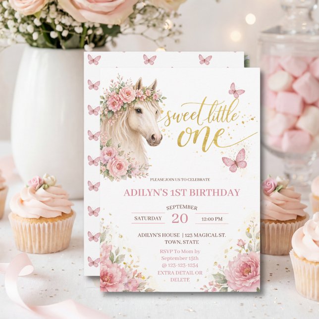 Mädchen Rosa Florales Pferd 1. Geburtstag Einladung (Von Creator hochgeladen)