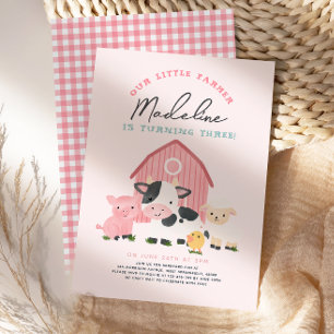 Mädchen Rosa Gingham Bauernhof 3. Geburtstag Einladung
