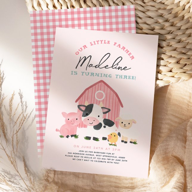 Mädchen Rosa Gingham Bauernhof 3. Geburtstag Einladung (Von Creator hochgeladen)