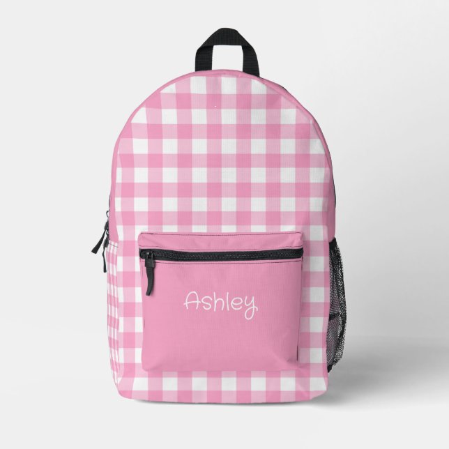 Mädchen Rosa Gingham-Muster personalisierter Name Bedruckter Rucksack (Vorderseite)