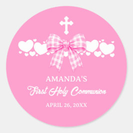 Mädchen-Rosa-Gingham-Schleife Erste Kommunion Runder Aufkleber
