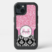 Mädchen, Rosa, Glitzer Black Damask Personalisiert