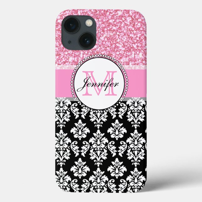 Mädchen, Rosa, Glitzer Black Damask Personalisiert Case-Mate iPhone Hülle (Rückseite)