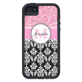 Mädchen, Rosa, Glitzer Black Damask Personalisiert Case-Mate iPhone Hülle