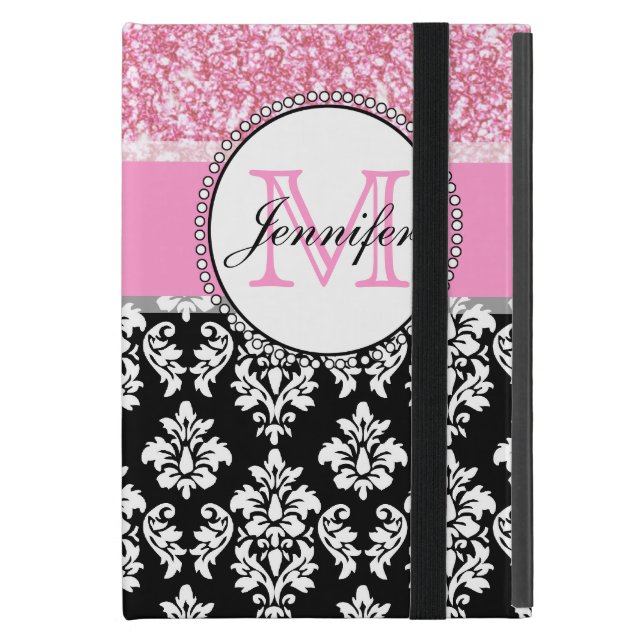 Mädchen, Rosa, Glitzer Black Damask Personalisiert iPad Mini Etui (Vorderseite Geschlossen)