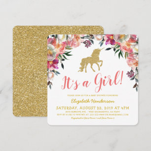 Mädchen Rosa Gold Glitter Einhorn Babyparty Einladung