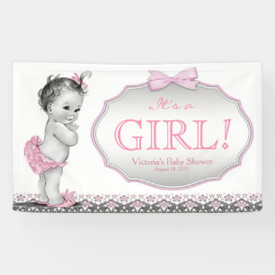 Mädchen Rosa Graue Spitze Schleife Baby Shower Banner