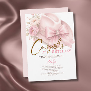 Mädchen Rosa Kokette Skript Cowgirl 1. Geburtstag Einladung