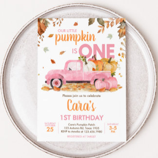 Mädchen Rosa Kürbis-LKW-Herbst-Geburtstag Einladung