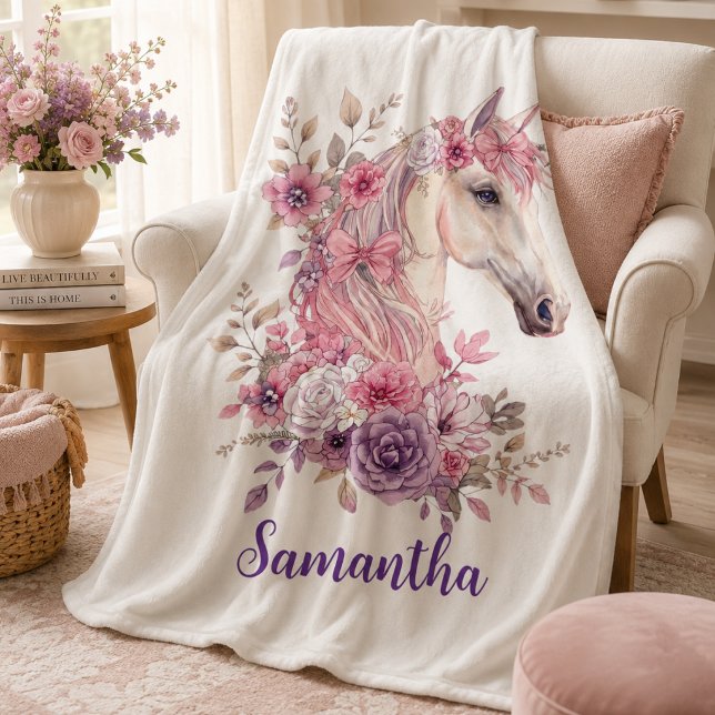 Mädchen Rosa Lila Whimsical Pferd Monogramm Sherpadecke (Von Creator hochgeladen)