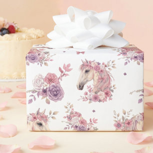 Mädchen Rosa Lila Whimsical Pony Blumen Geschenkpapier