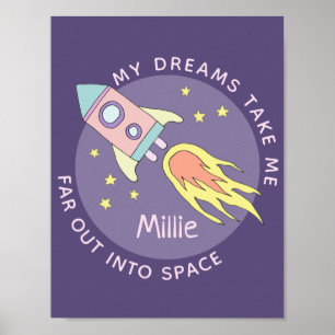 Mädchen rosa Raketenschiff Weltraum und Name Kinde Poster