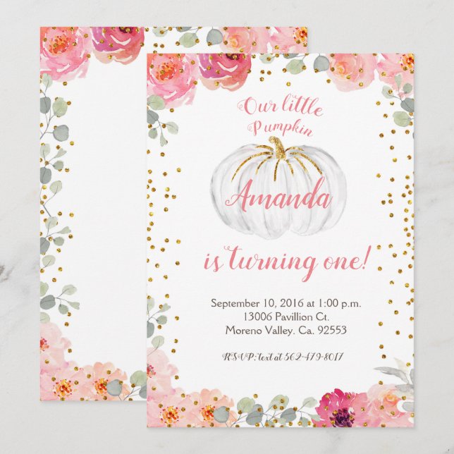 Mädchen-Rosa und Gold unser Kürbis dreht ein Einladung (Vorne/Hinten)