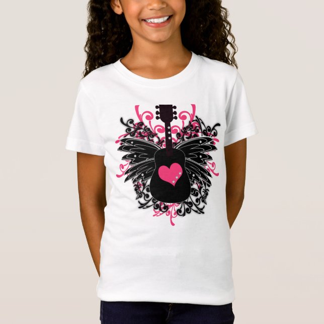 Mädchen rosa und schwarze Gitarre mit T-Shirt (Vorderseite)