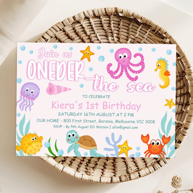 Mädchen Rosa unter Meer Eins der Meer 1. Geburtsta Einladung (Colorful Oneder the Sea Birthday Invitation Template For Girl, Under the Sea Themed 1st Birthday)