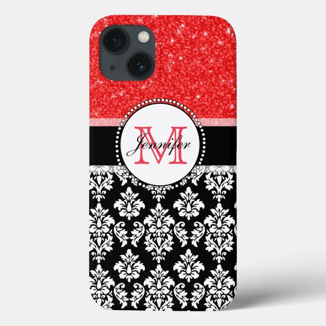 Mädchen, Rot, Glitzer Black Damask Personalisiert Case-Mate iPhone Hülle (Rückseite)