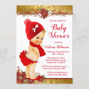 Mädchen Rot Gold Weihnachten Baby Shower Blondine Einladung