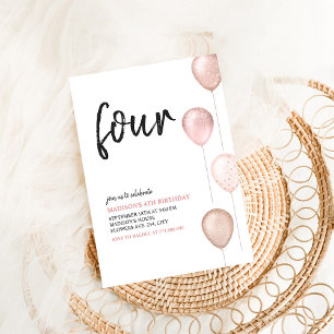 Mädchen Röten Pinkfarbene Ballons Einfacher 4. Geb Einladung