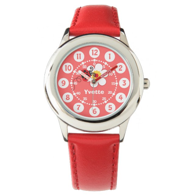 Mädchen: Roter Ladybug, Armbanduhr mit weißem Name (Vorderseite)
