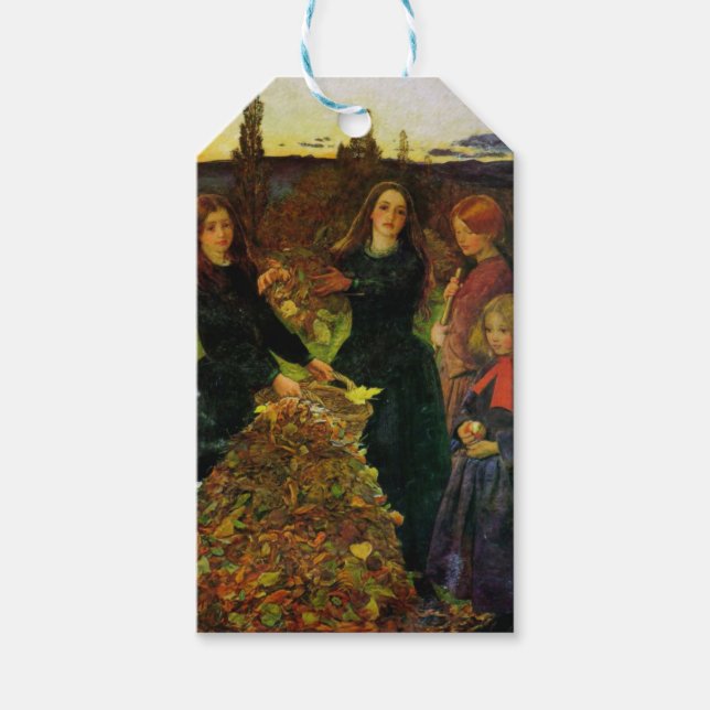 Mädchen sammeln Herbstblätter für ein Feuerbrand Geschenkanhänger (Vorderseite)