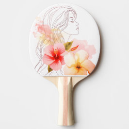 Mädchen schließt die Augen mit Blumen-Aquarell  Tischtennis Schläger