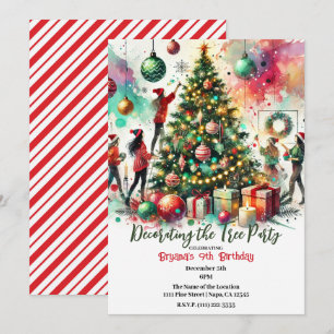 Mädchen schmücken den Weihnachtsbaum zur Weihnacht Einladung