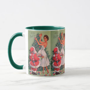 Mädchen schmückt Weihnachtsbaum im Vintage Stil de Tasse