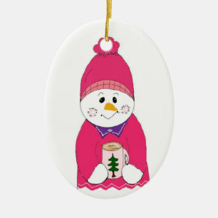 Mädchen-Schneemann mit rosa Tuque Keramikornament