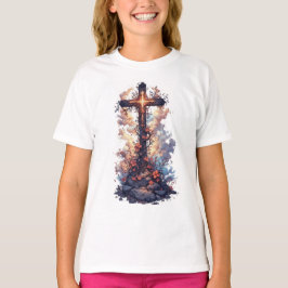 Mädchen-Schönes-Blumen-Christian-Kreuz-T-Shirt T-Shirt